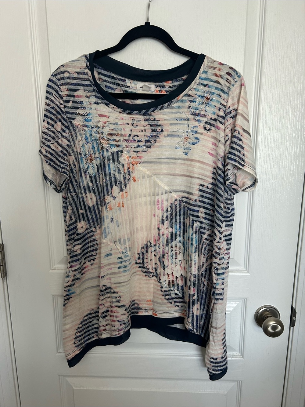 Westport Cream Short Sleeve Top with Blue and Pink Accents